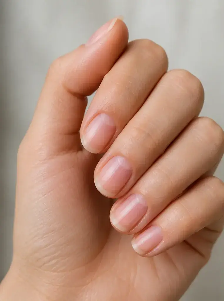 Before and after of natural nails changed to burgundy almond nails, before