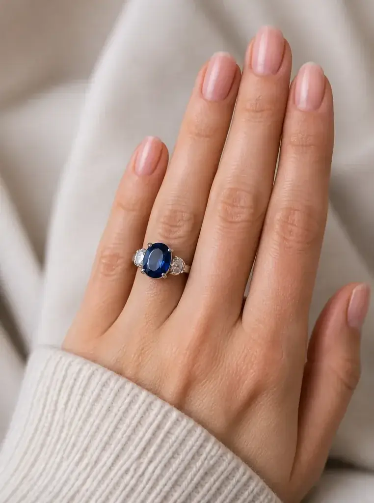 Before and after of a sapphire ring added to a hand, after