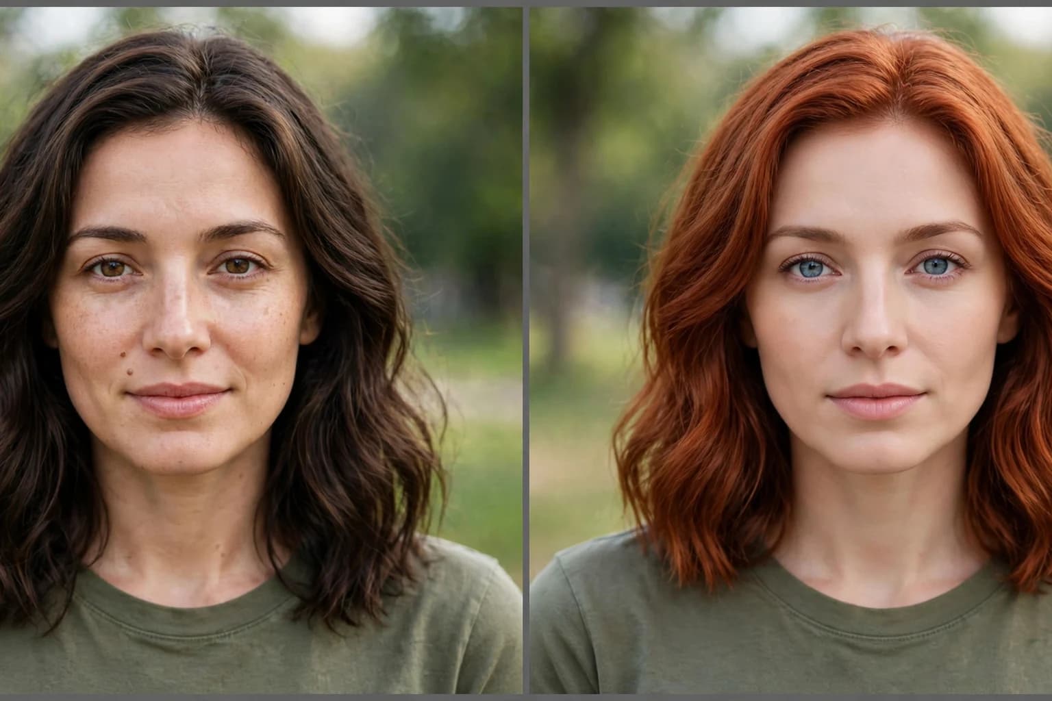 Side by side of one woman's original photo and a generative edit: the hair is copper in the edit, but her eyes are lighter, her jaw narrower and her skin smoother and paler