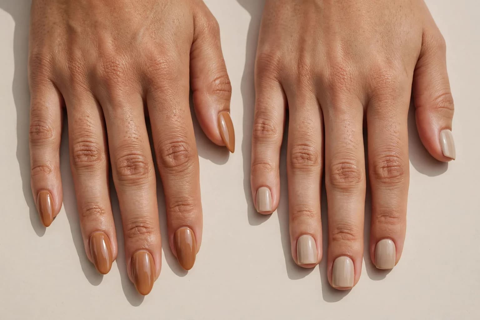 Two hands side by side: one with medium almond nails in a caramel nude shade, one with short square nails in a milky coffee shade