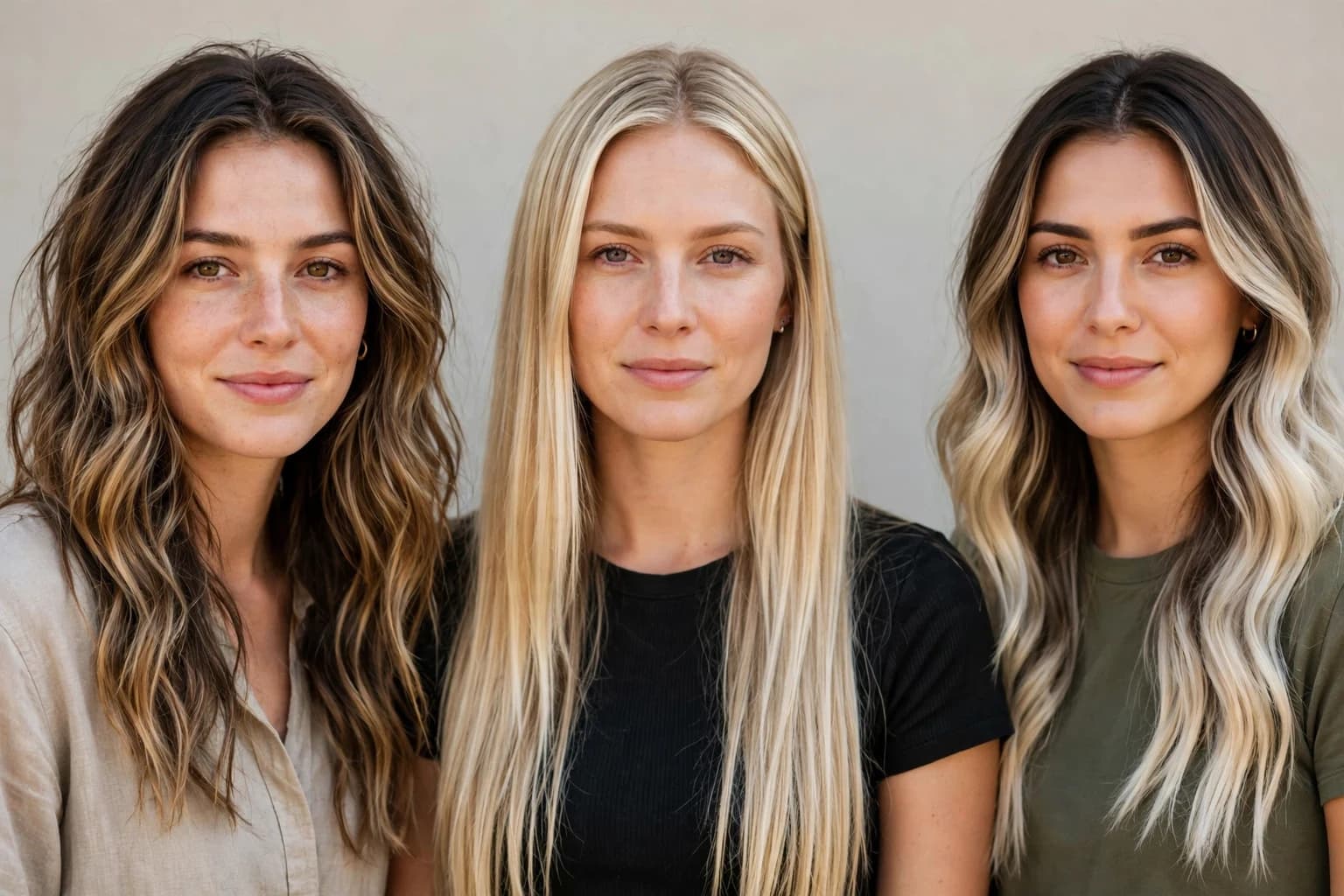 Three women side by side showing balayage with soft painted dimension, foil highlights with root to tip brightness, and ombre with dark roots fading to light ends