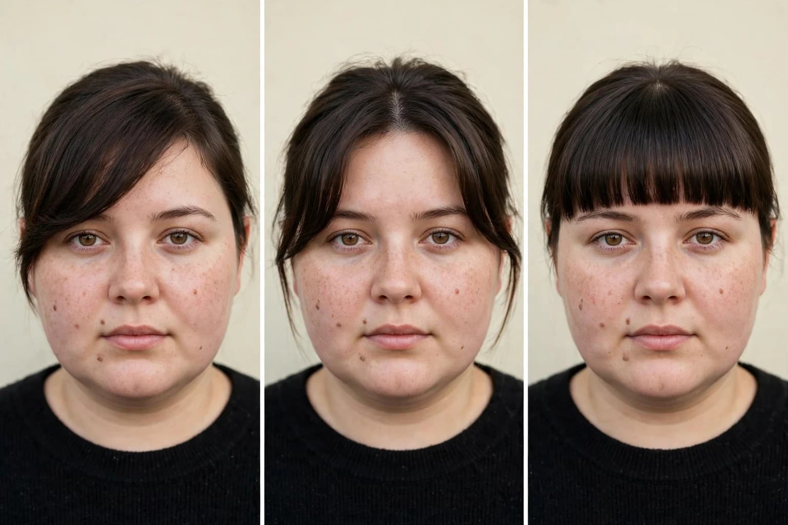The same woman with a round face wearing a long side-swept fringe, parted curtain bangs and a blunt straight fringe side by side
