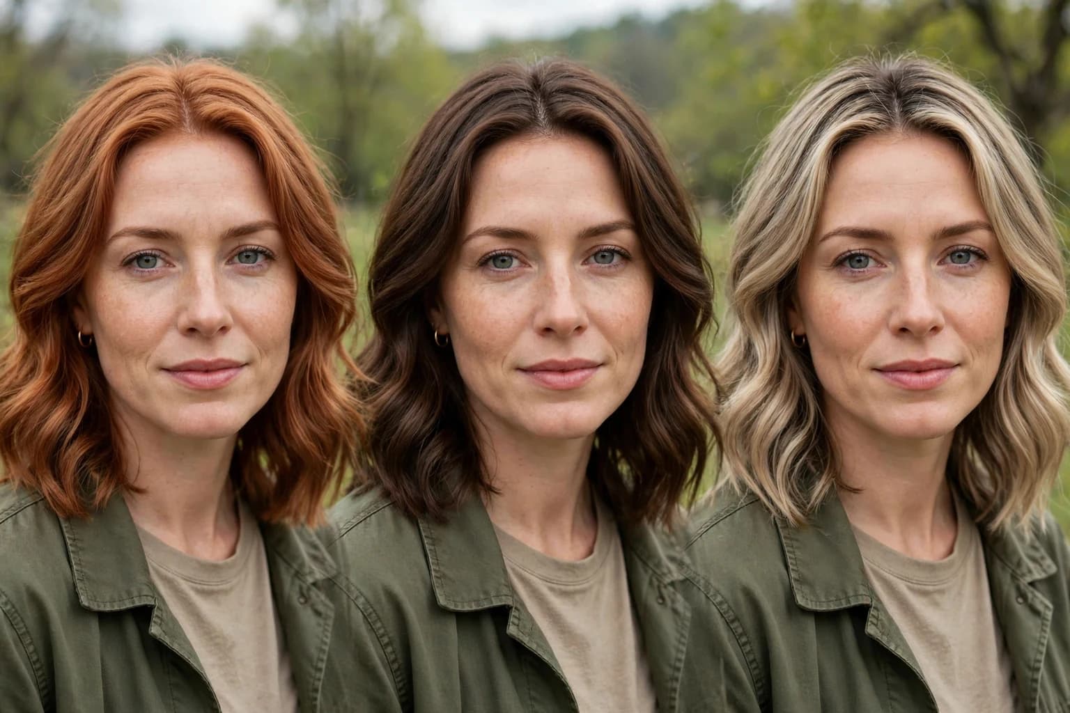 The same woman's photo previewed in copper, chocolate brown and ash blonde side by side, her face identical in all three