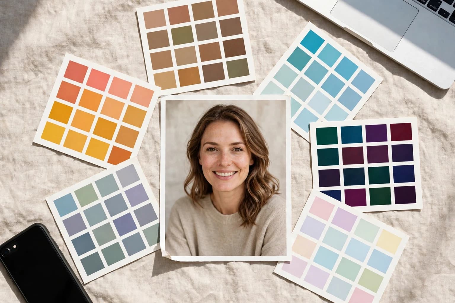 One woman's photo surrounded by six different seasonal palette cards, each labeled with a different result, showing how much the verdict depends on the tool