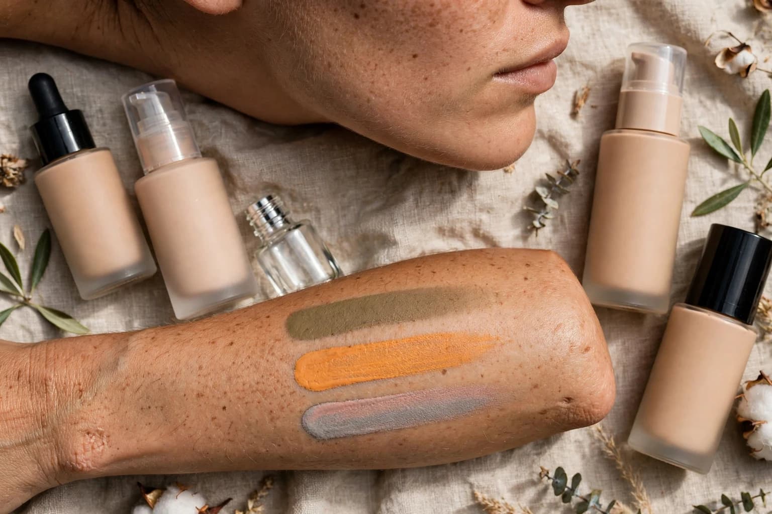 Foundation bottles and swatches in olive, neutral olive and muted neutral shades arranged beside a jawline in daylight