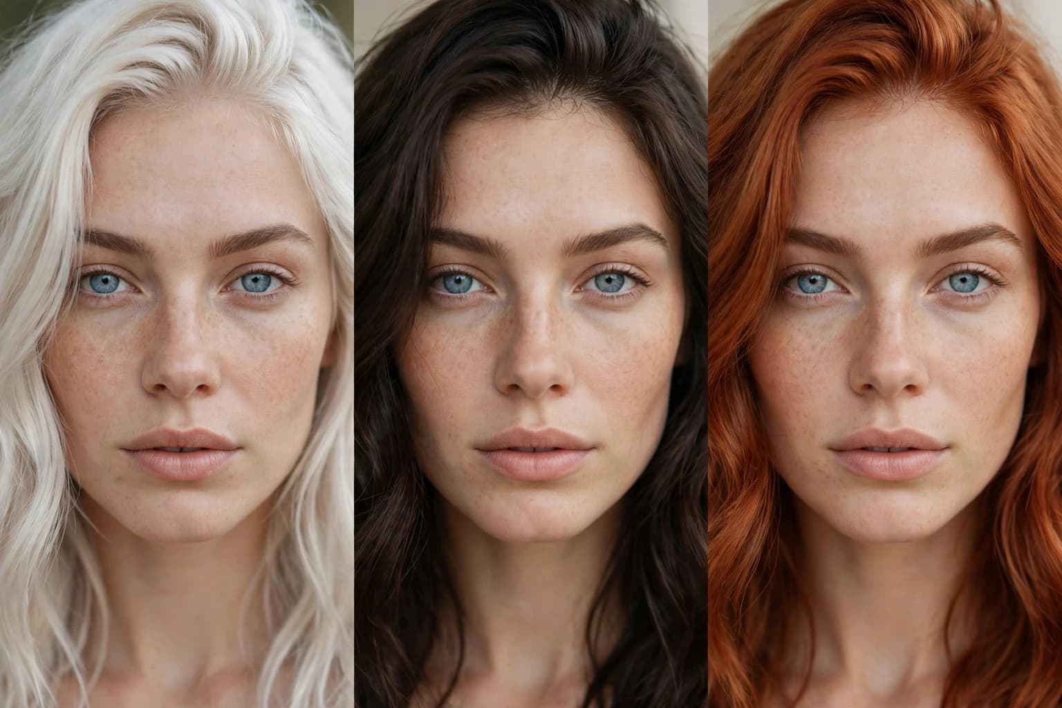 A woman with clear blue eyes shown with icy platinum hair, then with deep espresso hair, her eyes reading vivid against both