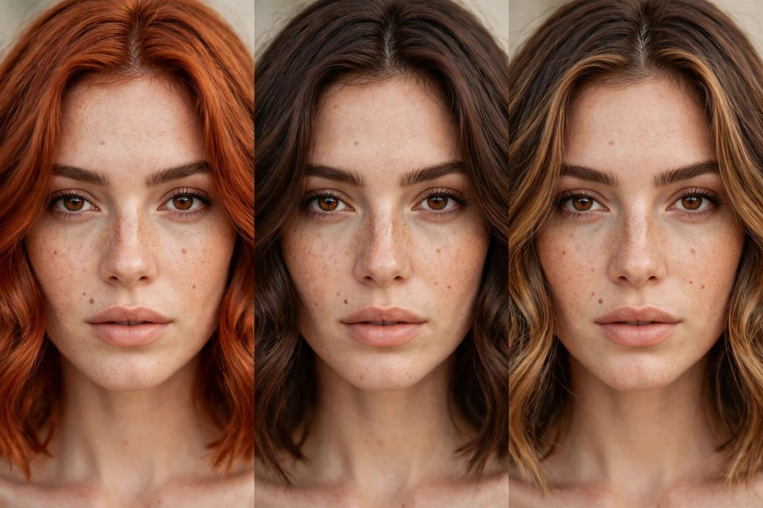 A woman with deep brown eyes shown with warm copper hair, then with rich chocolate hair, her eye color reading stronger in both