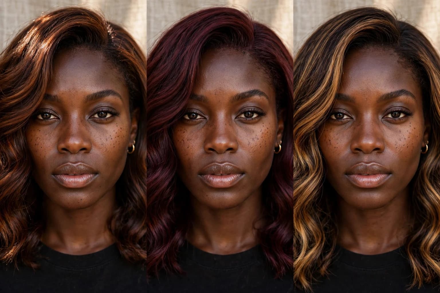 A woman with deep skin shown with warm espresso hair with copper highlights, then with golden balayage, her skin reading rich and even in both