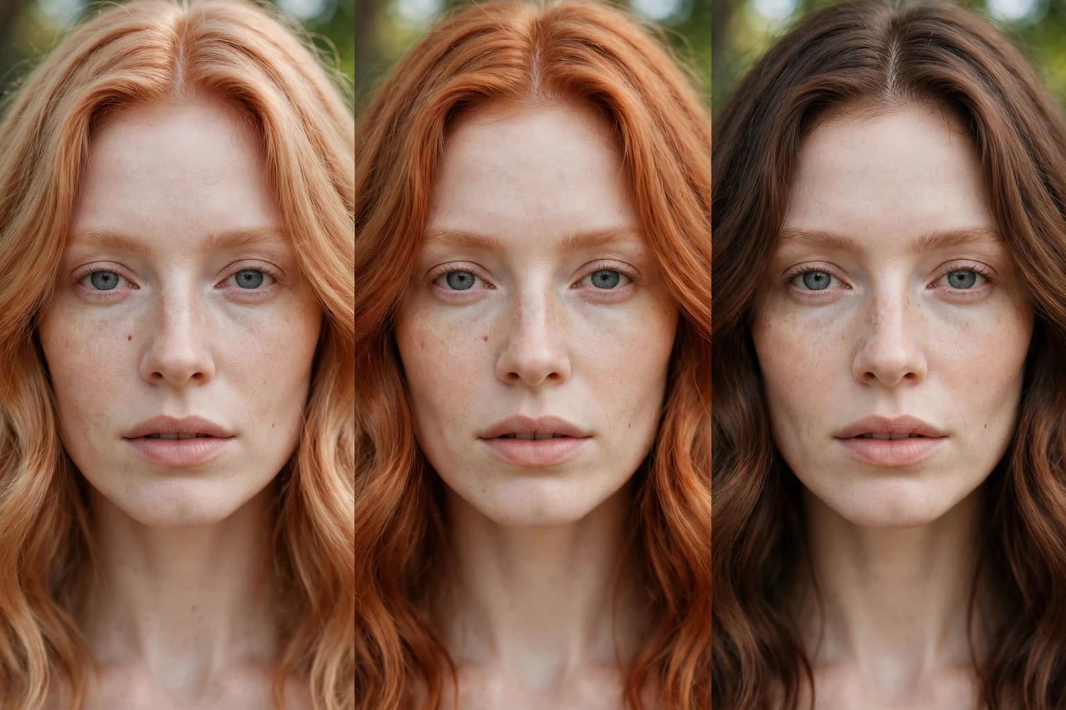 A woman with very fair skin shown with strawberry blonde hair, then with soft copper hair, her complexion looking warm and even in both