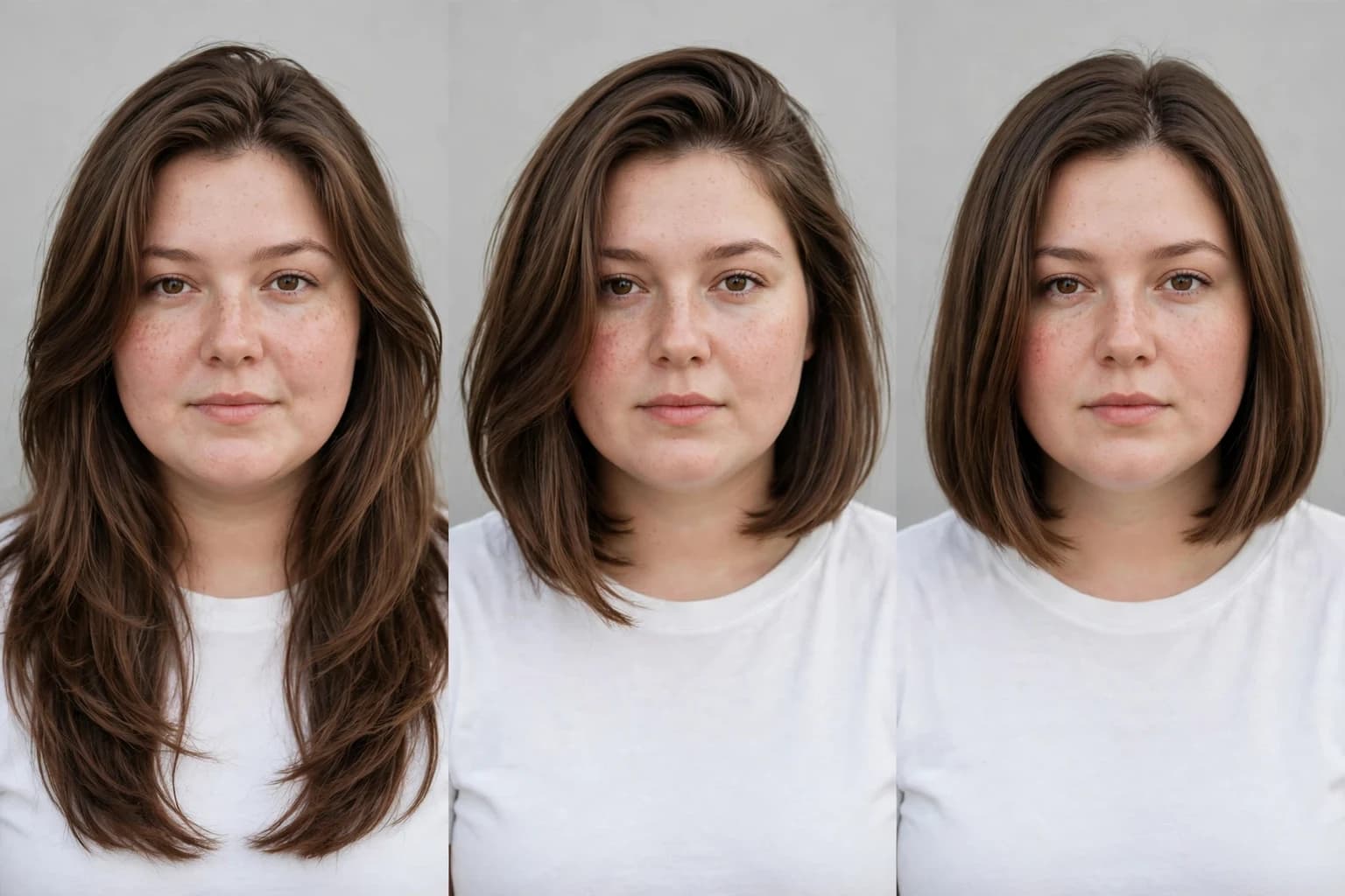 The same woman with a round face wearing long layers, an angled lob and a chin-length blunt bob side by side