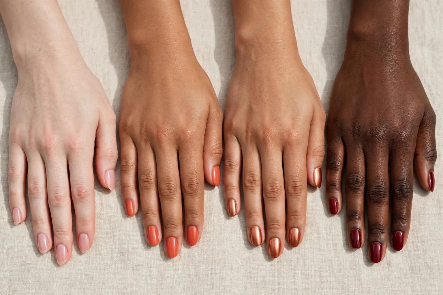 Four hands with fair, medium, olive and deep skin wearing their matched nude, coral, copper and deep wine nail polishes in a row