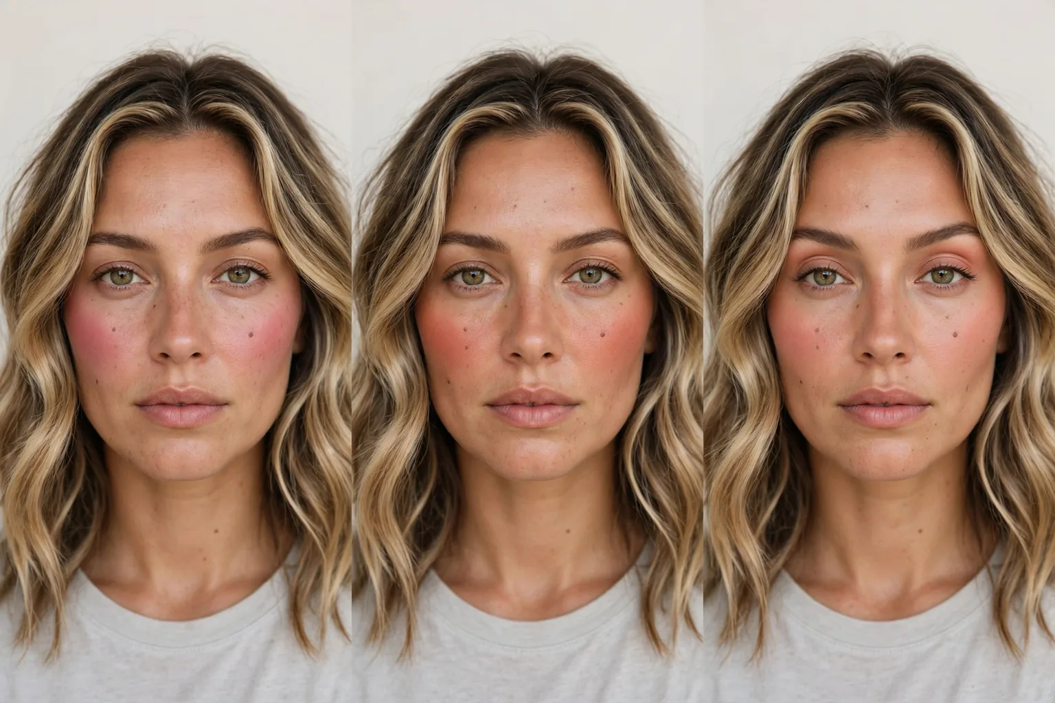 Same woman in three panels wearing dusty rose, terracotta and peach blush, in daylight