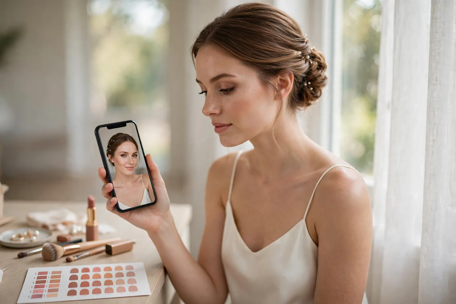 A bride checking her chosen makeup look on her phone beside a printed Salon Card, in daylight