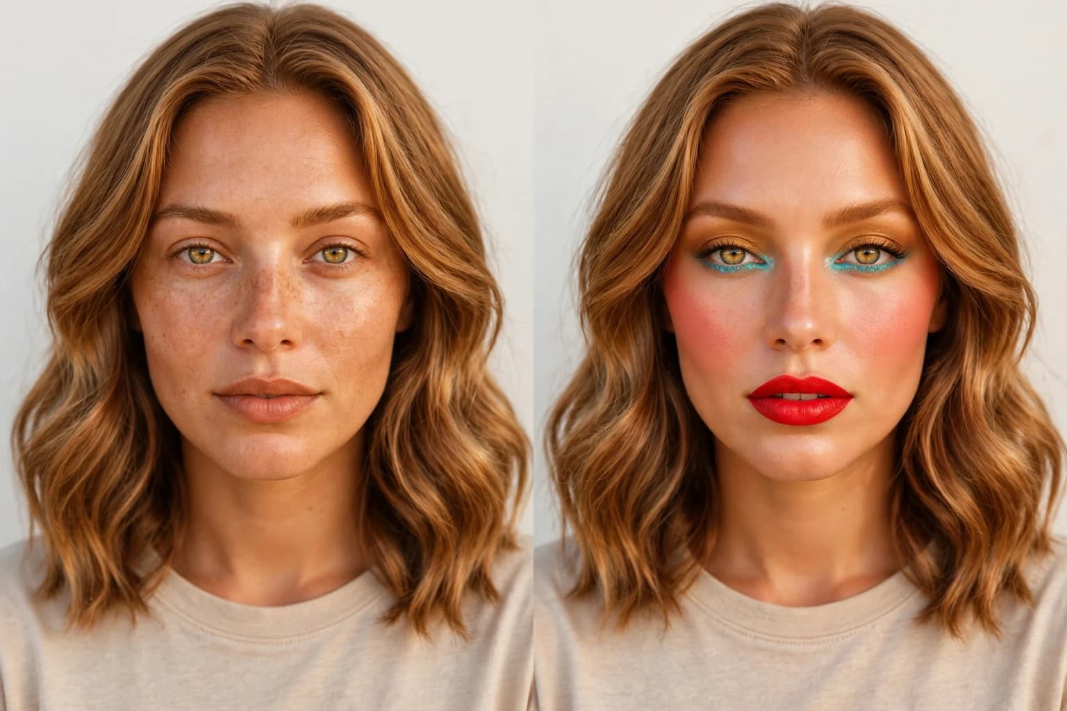 Before and after of the same woman: bare-faced, then wearing an electric poppy lip, fresh coral blush and glossy golden brown hair