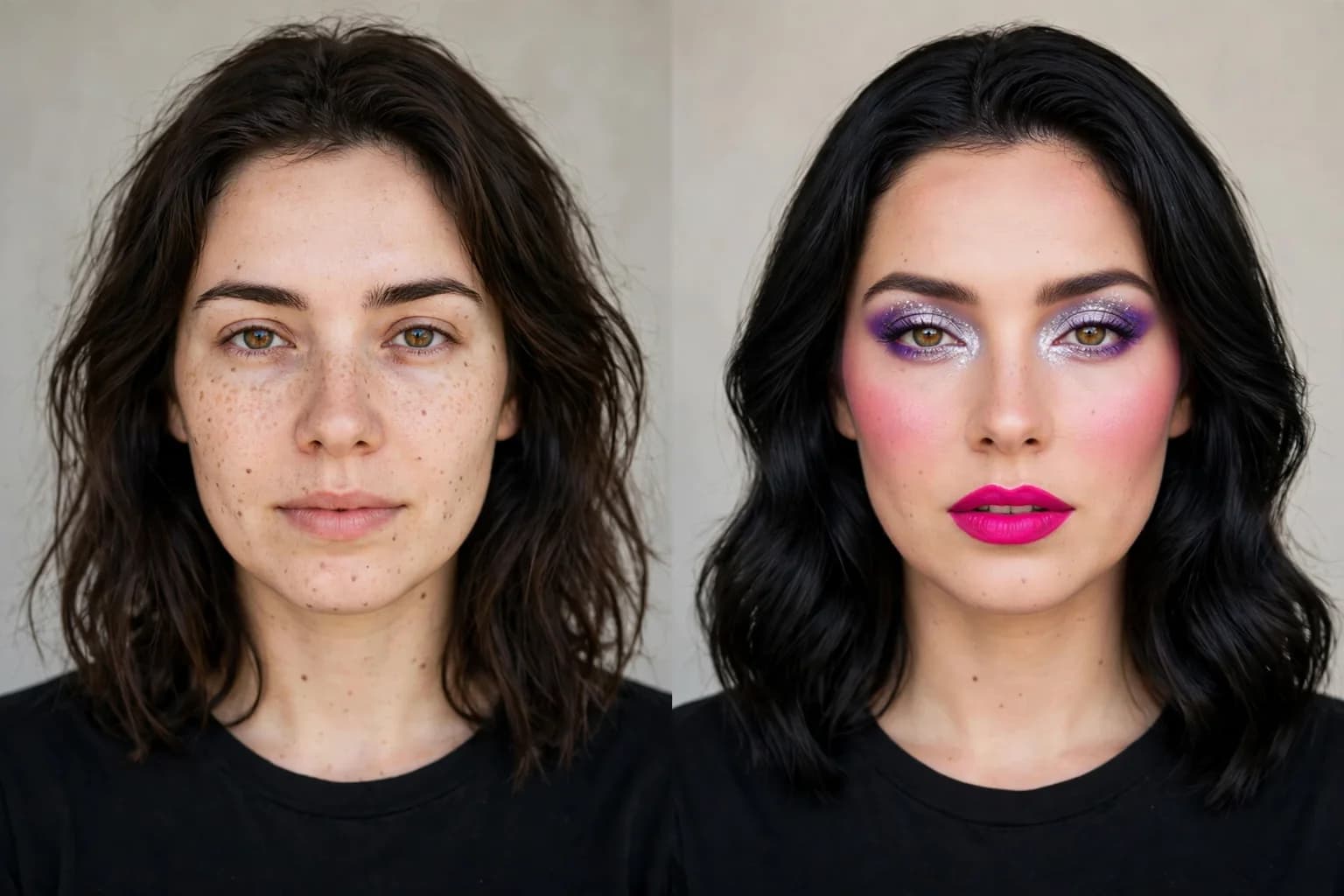 Before and after of the same woman: bare-faced, then wearing a fuchsia lip, clear pink blush and jet black hair