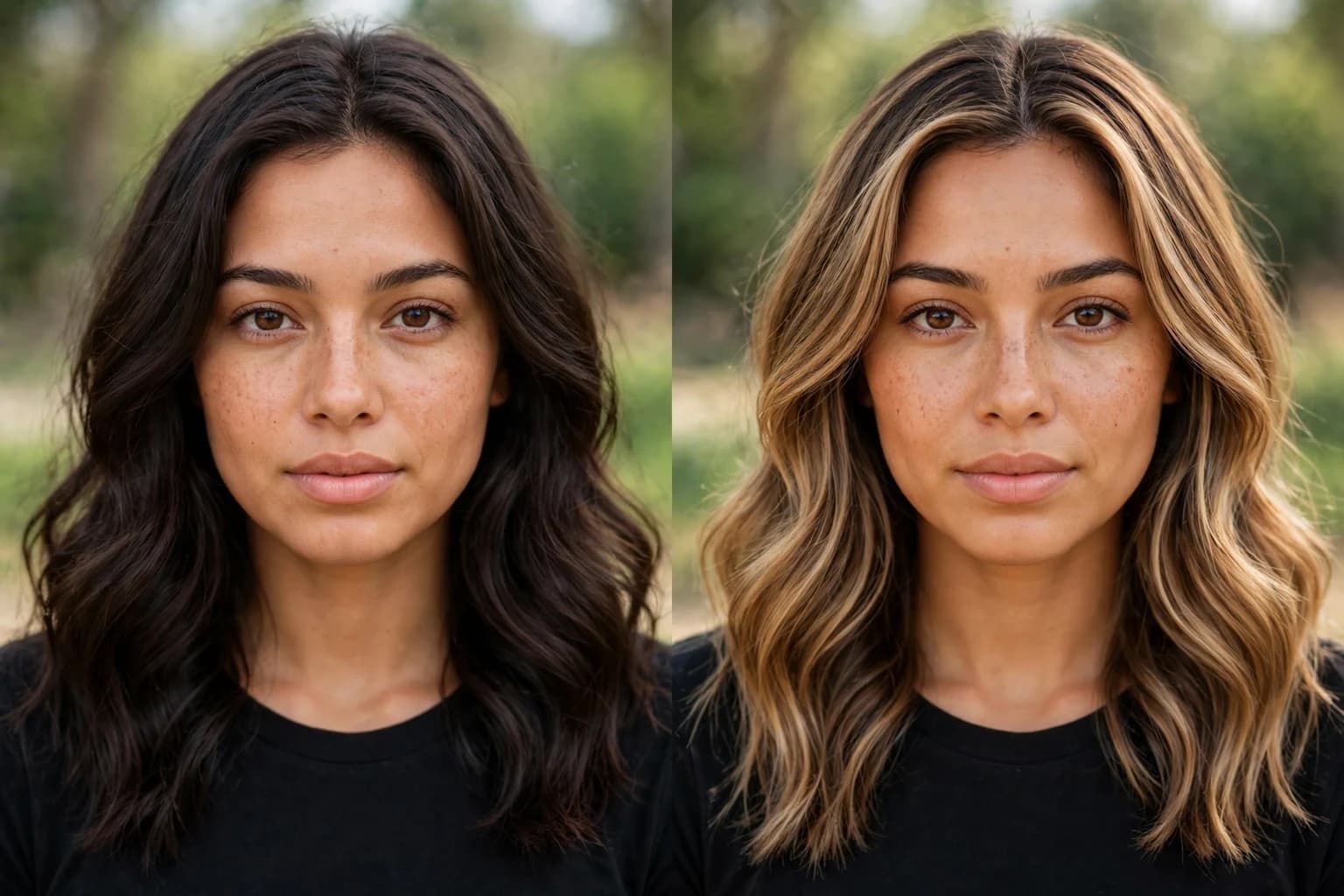 Before and after of the same woman: deep brunette hair, then a honey bronde with a shadow root at the same face and depth of feature
