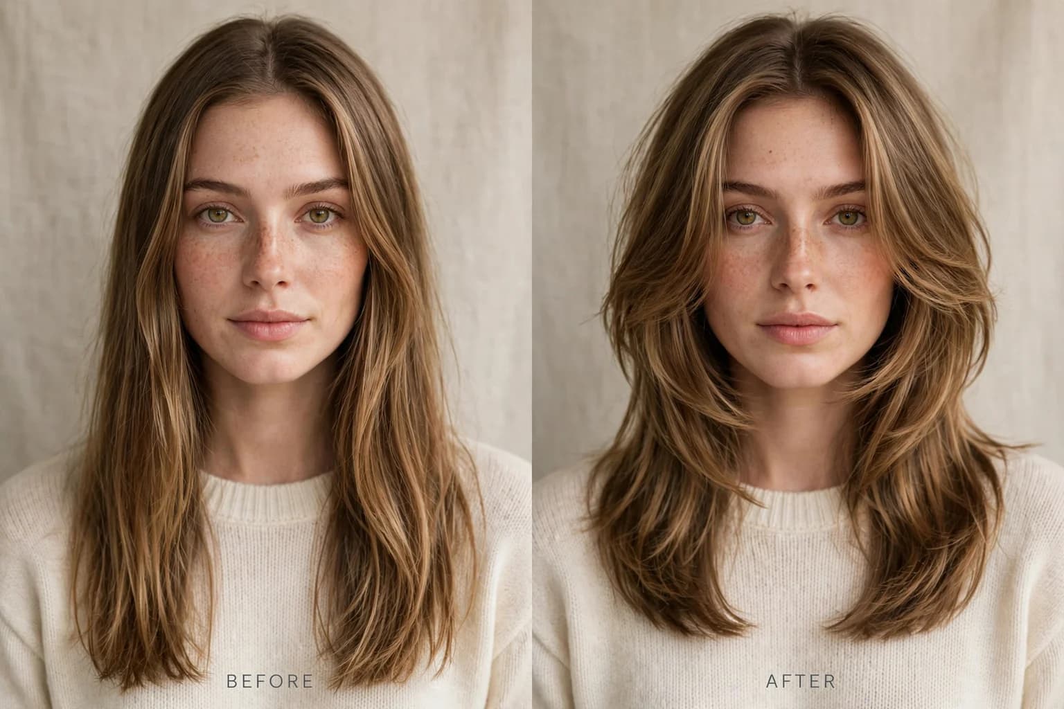 Before and after of the same woman: long one-length hair, then the same length with butterfly layers framing the face