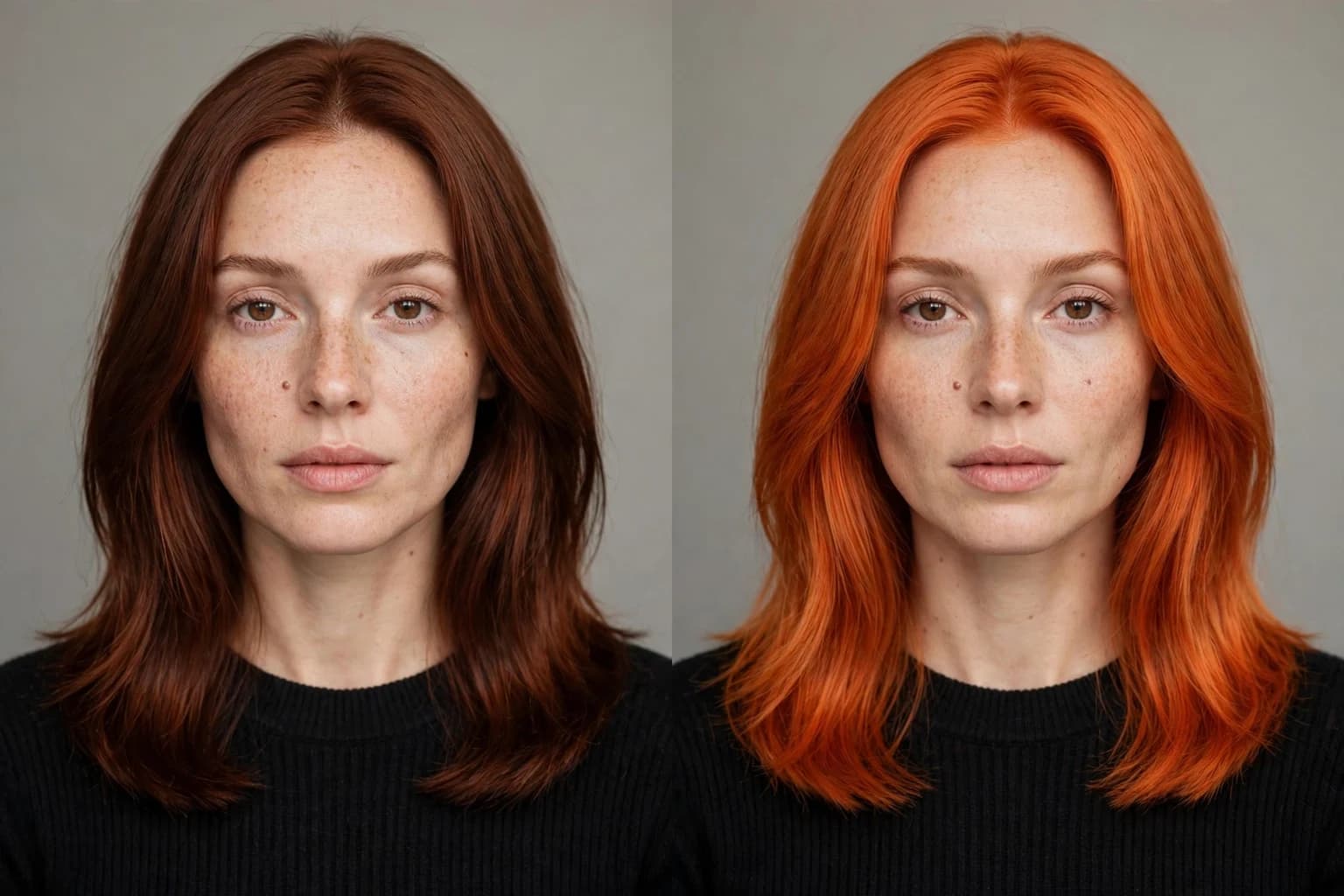 One woman's dark brown hair shown two ways: a deep copper brown reached with colour alone, and a brighter true copper that needed lightening first