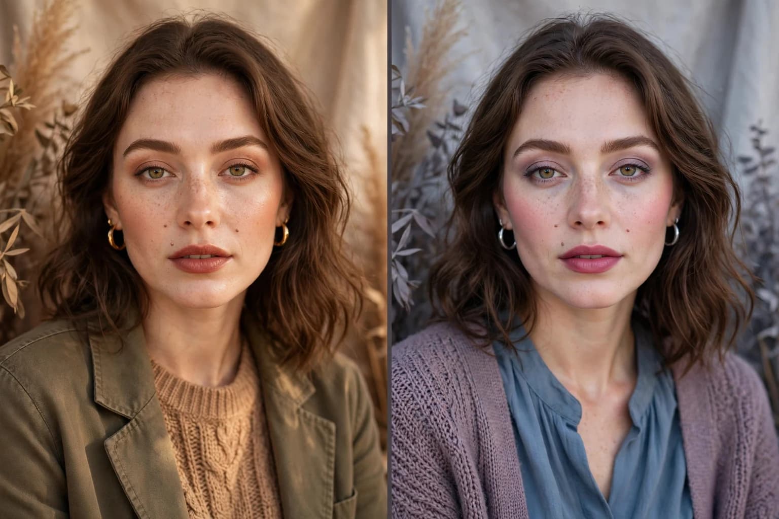 The same woman wearing a muted warm rose lip labeled Soft Autumn and a clear cool raspberry lip labeled Soft Summer, her face identical in both, comparing which one settles