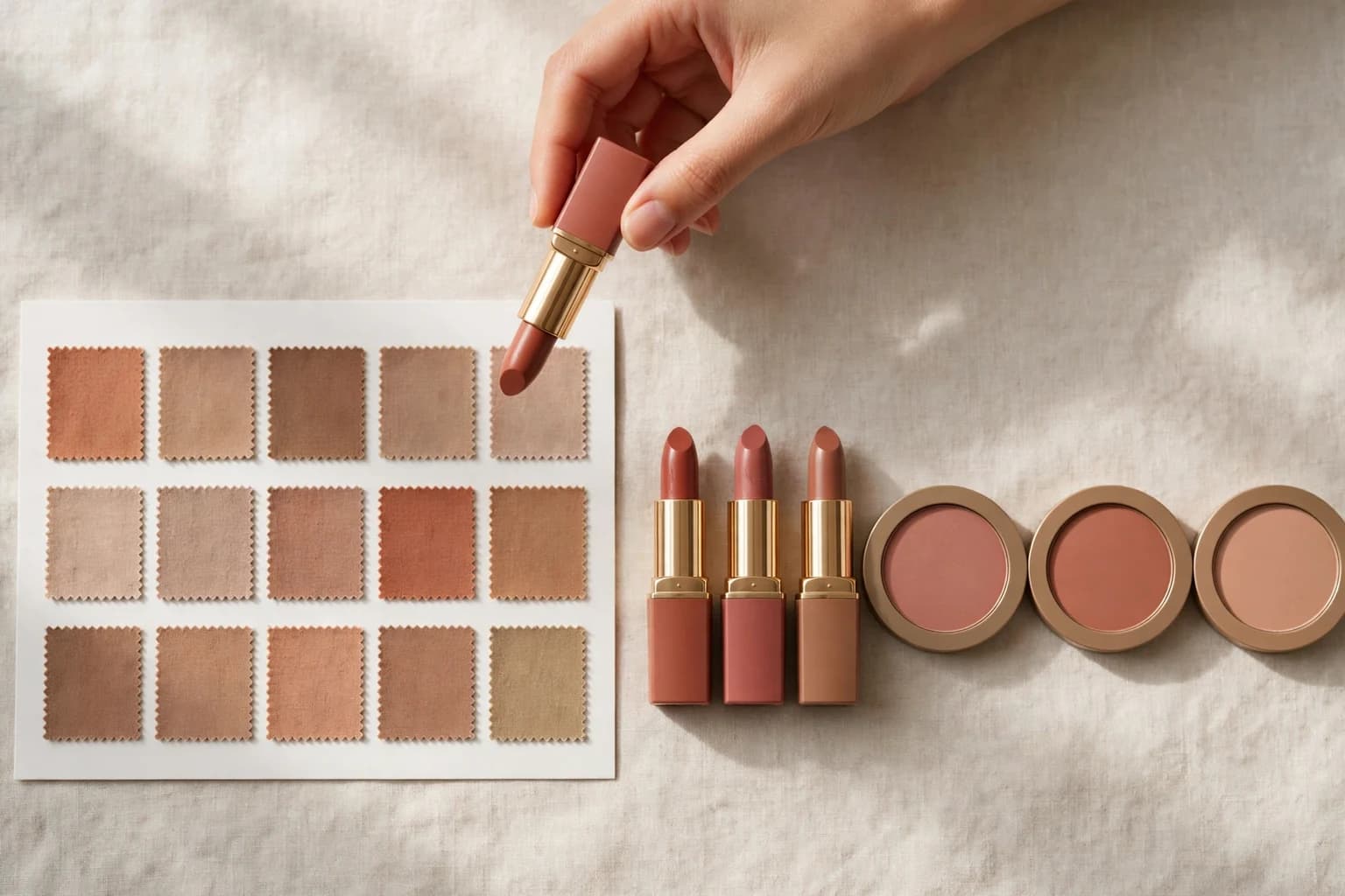 A printed color season palette card next to a row of lipsticks in similar tones, with one lipstick picked up and held against the card to compare