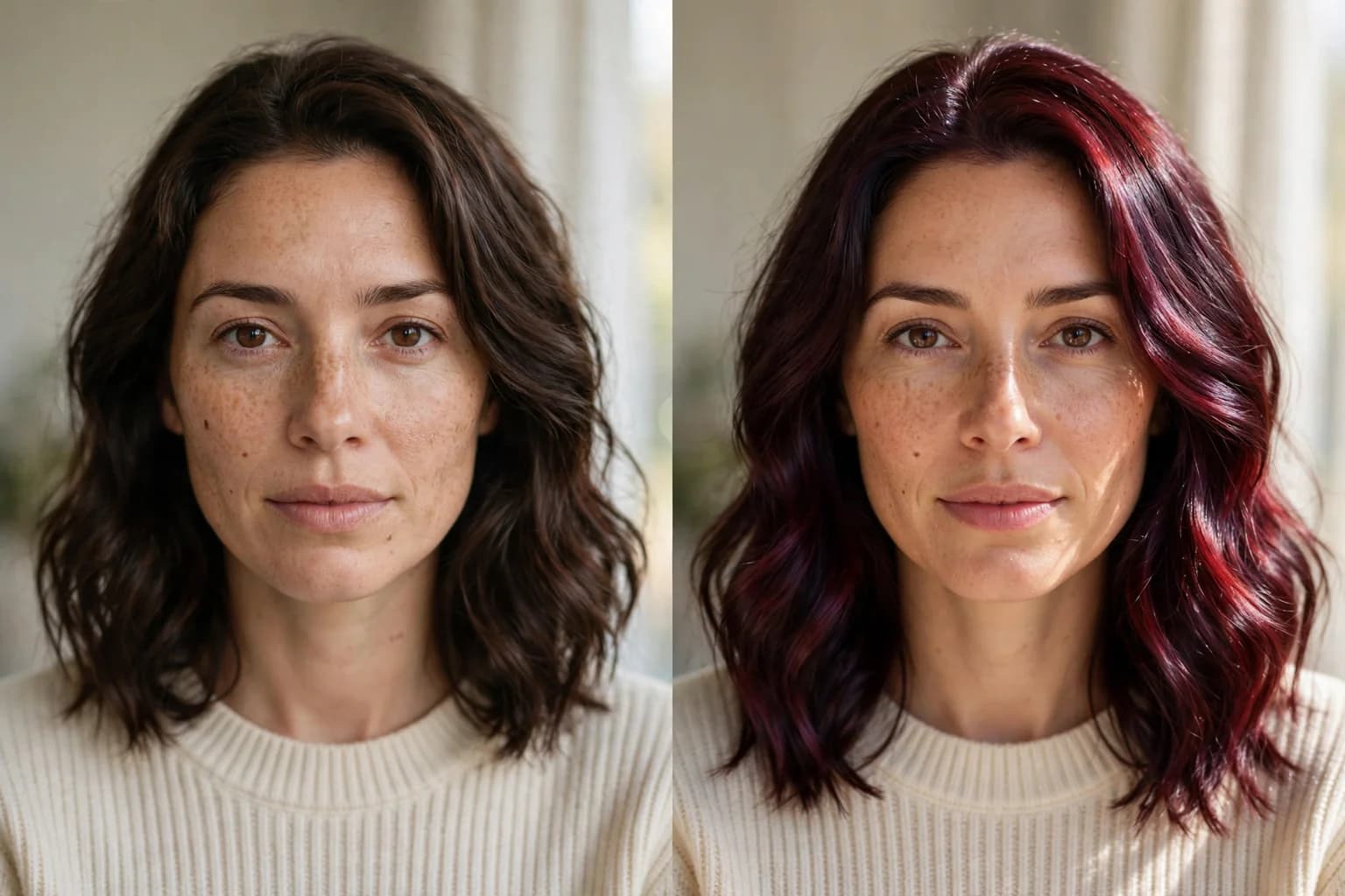 Before and after of the same woman: natural dark brown hair, then the same hair with a cherry red-violet shine in daylight