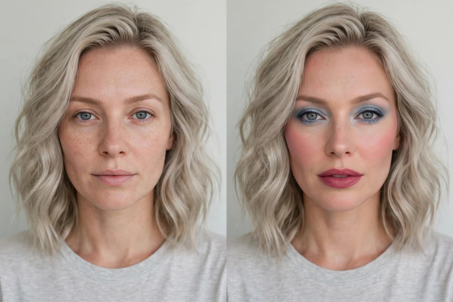 Before and after of the same woman: bare-faced, then wearing a clear, medium-depth raspberry lip, rose blush and ash blonde hair