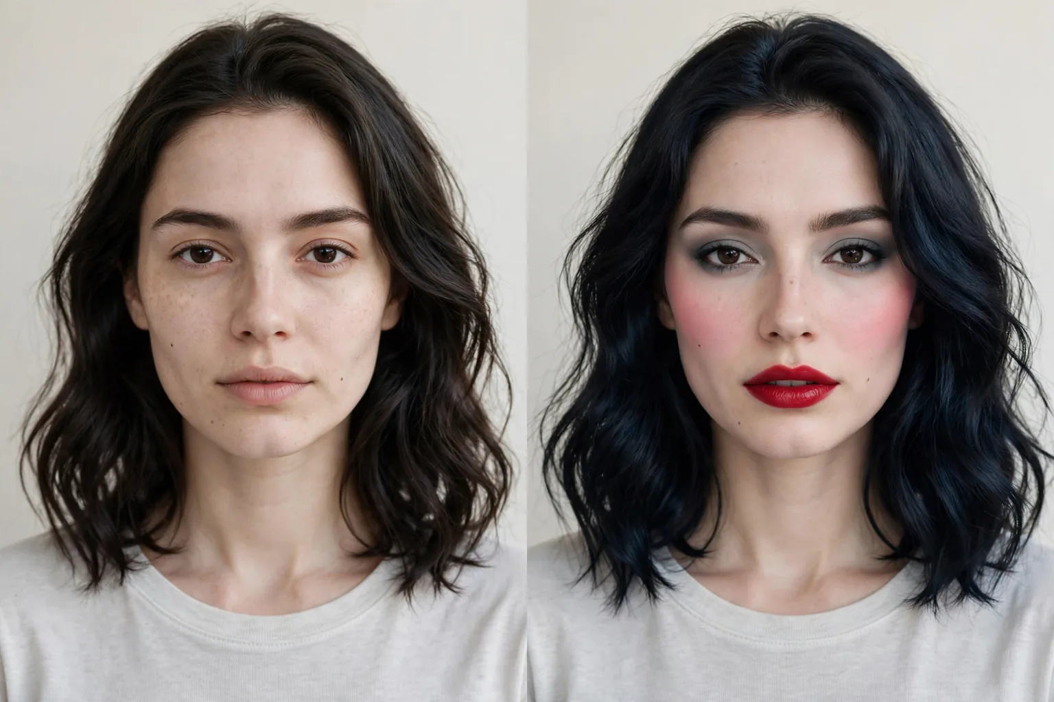 Before and after of the same woman: bare-faced, then wearing a blue red lip, cool pink blush and blue black hair