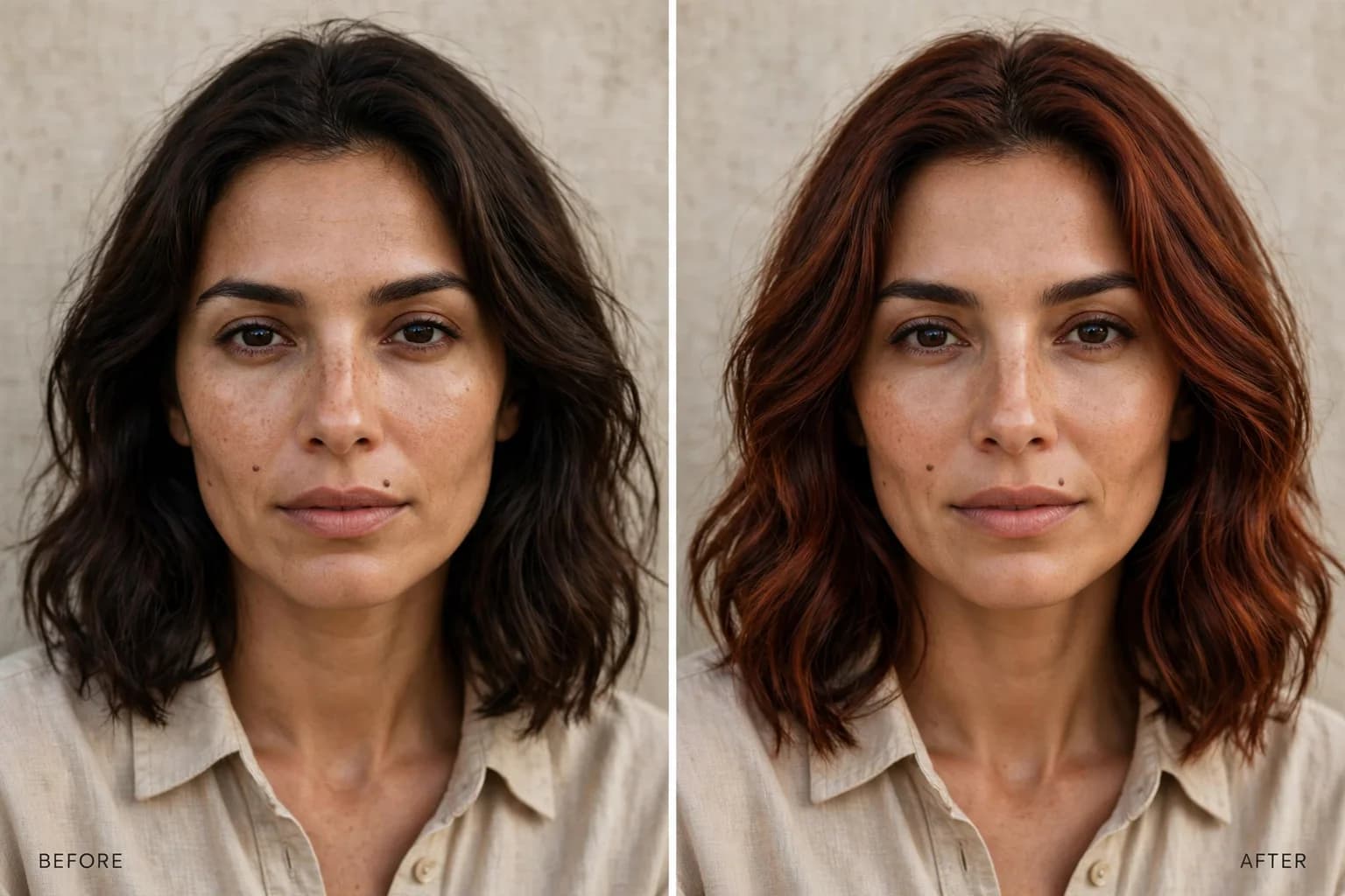 Before and after of the same woman with olive skin: dark brown hair, then deep auburn-copper hair with a brown base