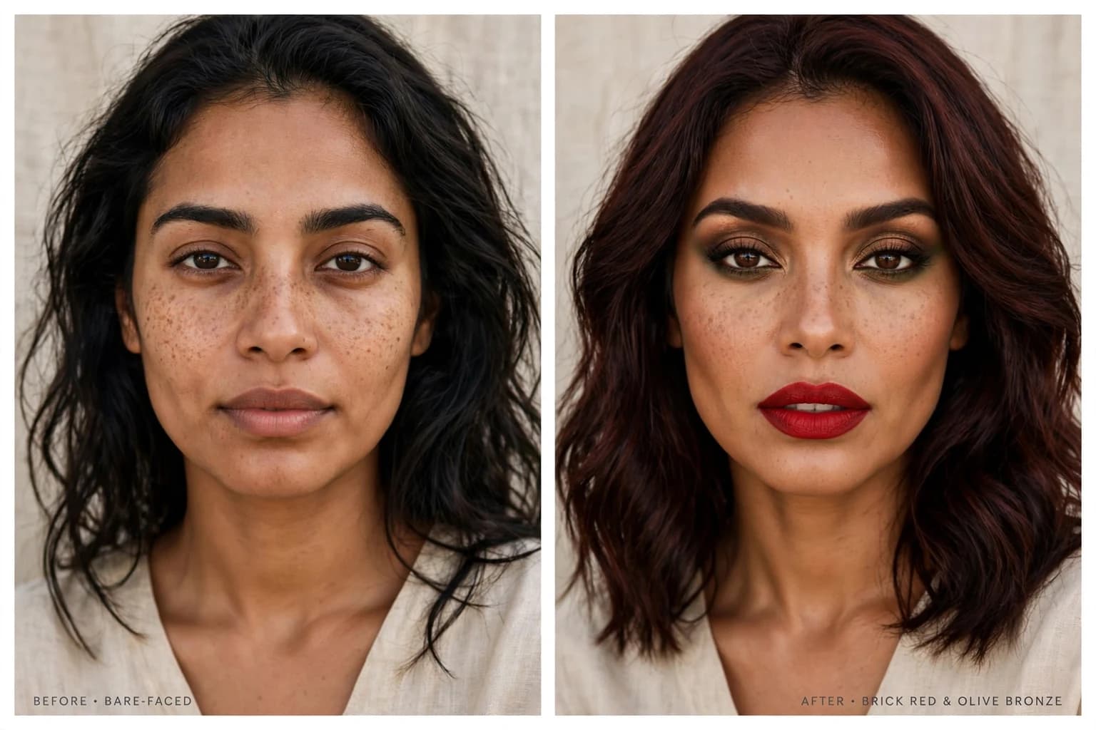 Before and after of the same woman: bare-faced, then wearing a brick red lip, bronze eye makeup and deep mahogany hair