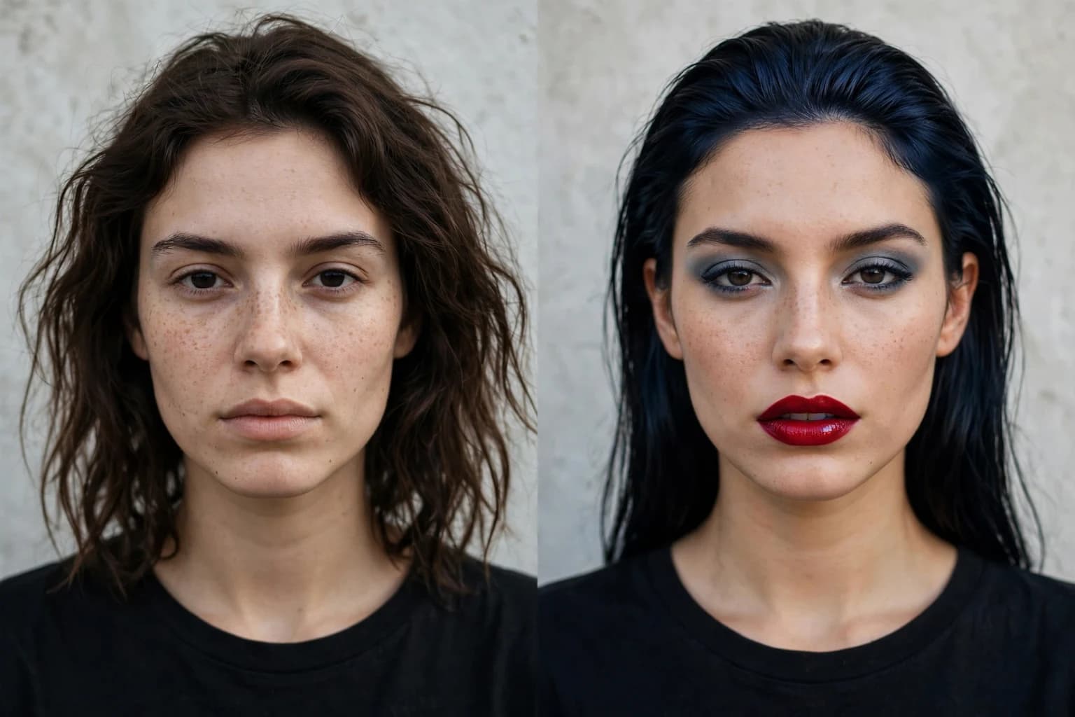 Before and after of the same woman: bare-faced, then wearing a blue-red lip, cool berry blush and sleek black hair