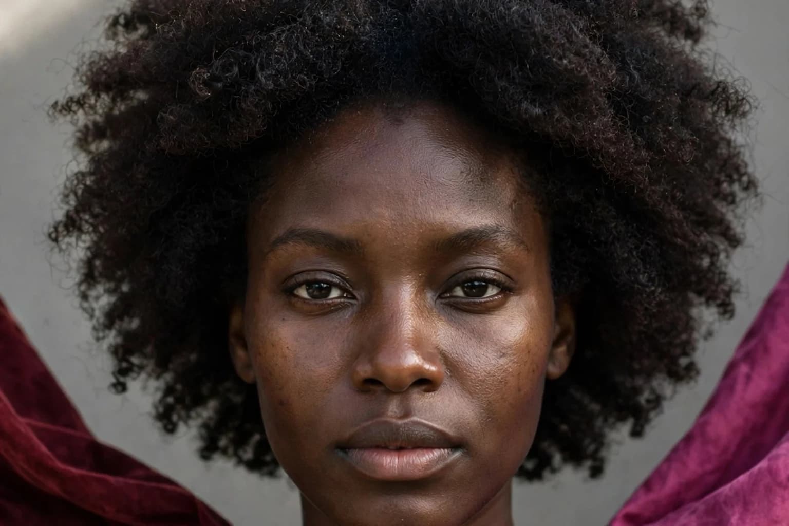 A woman with deep skin in daylight comparing two draped colors at her face, a warm burgundy and a cool fuchsia, her skin tone rich and unchanged in both