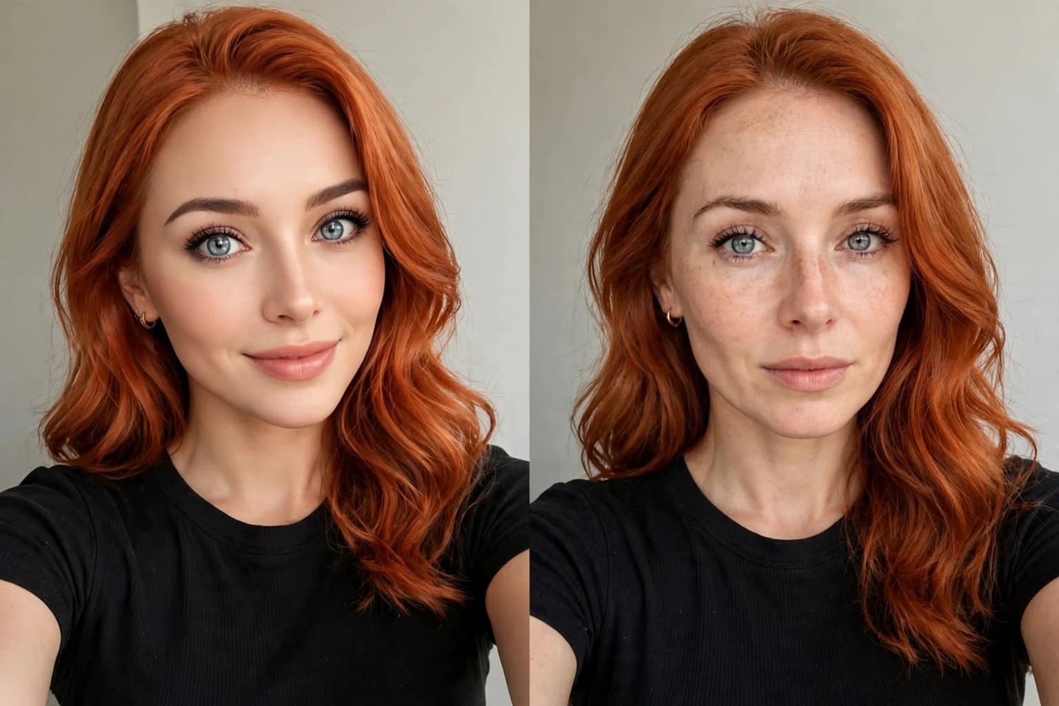 One woman's photo in two versions: a reshaped FaceApp style edit with a slimmer jaw, and an unedited version where only the hair color has changed
