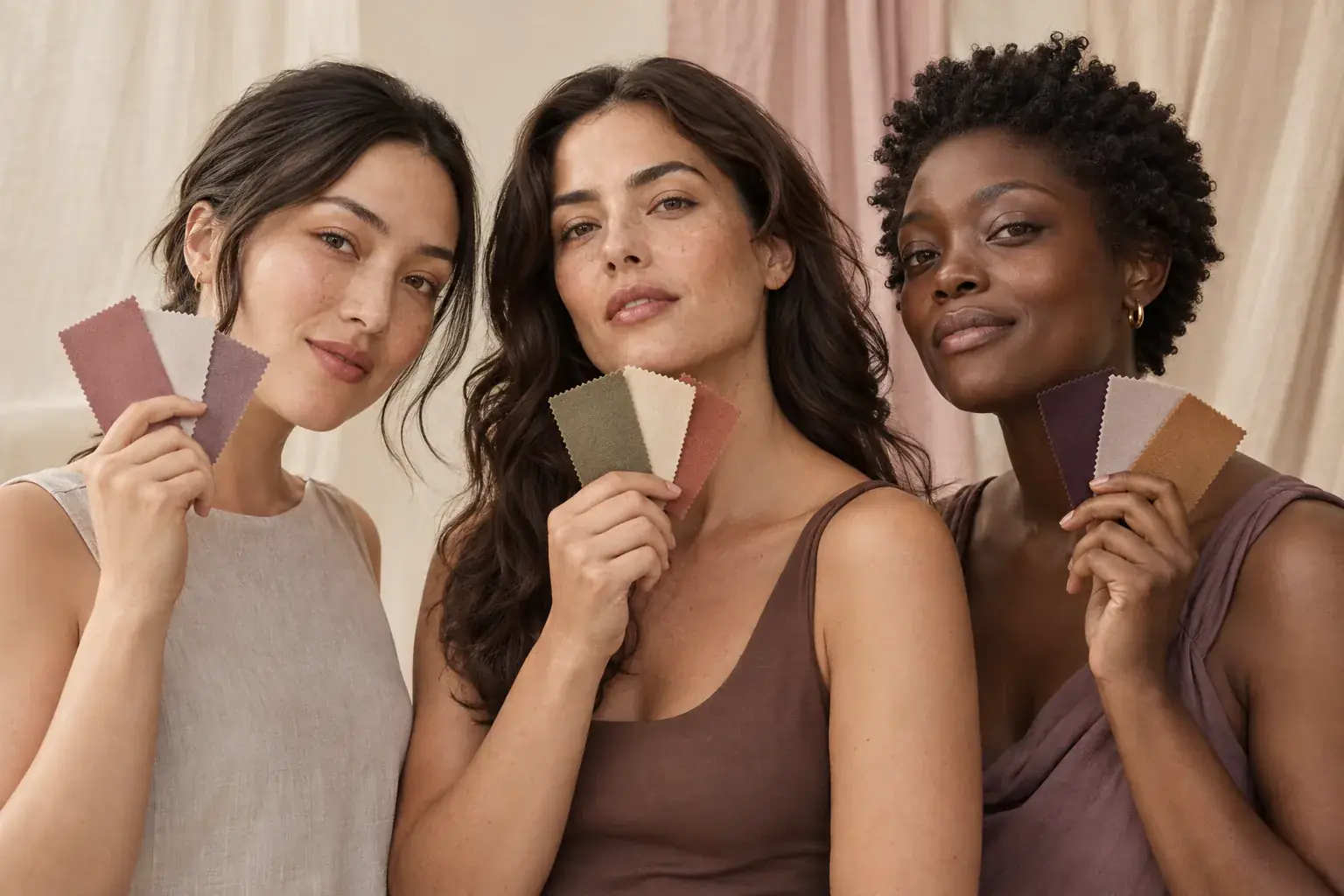 Three women with different skin tones compare muted fabric swatches in daylight