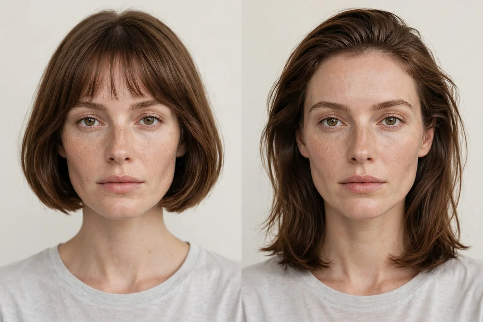 The same woman shown with two bob cuts: a blunt jaw length French bob with wispy bangs, and a longer layered bob falling to the collarbone