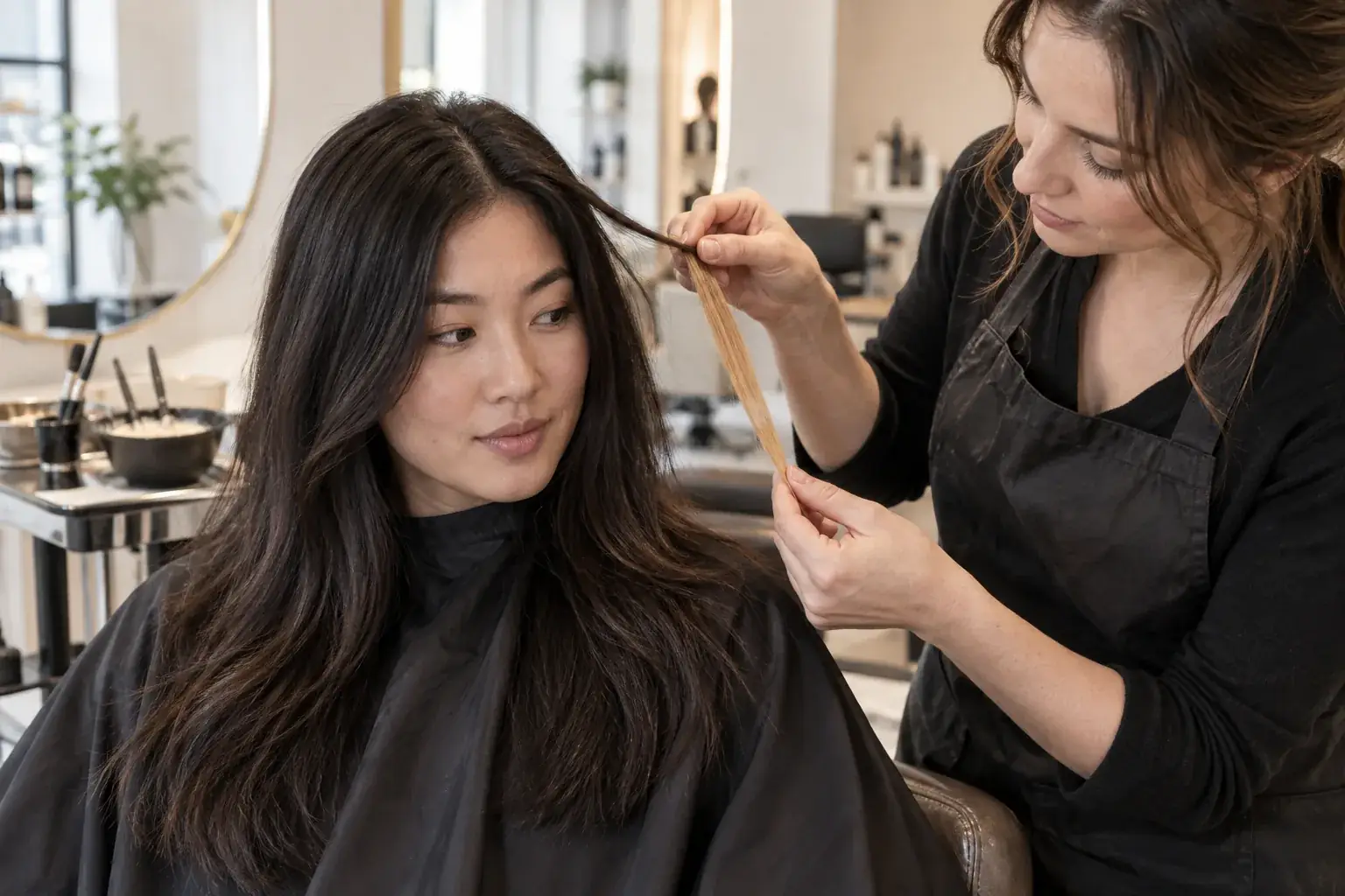 A colourist examines a blonde test strand against a client's dark hair