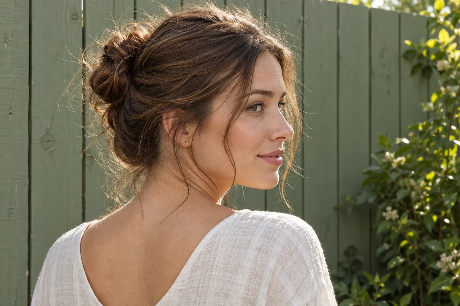 Backlit flyaways around a loose bun in front of a green wooden fence with visible vertical seams