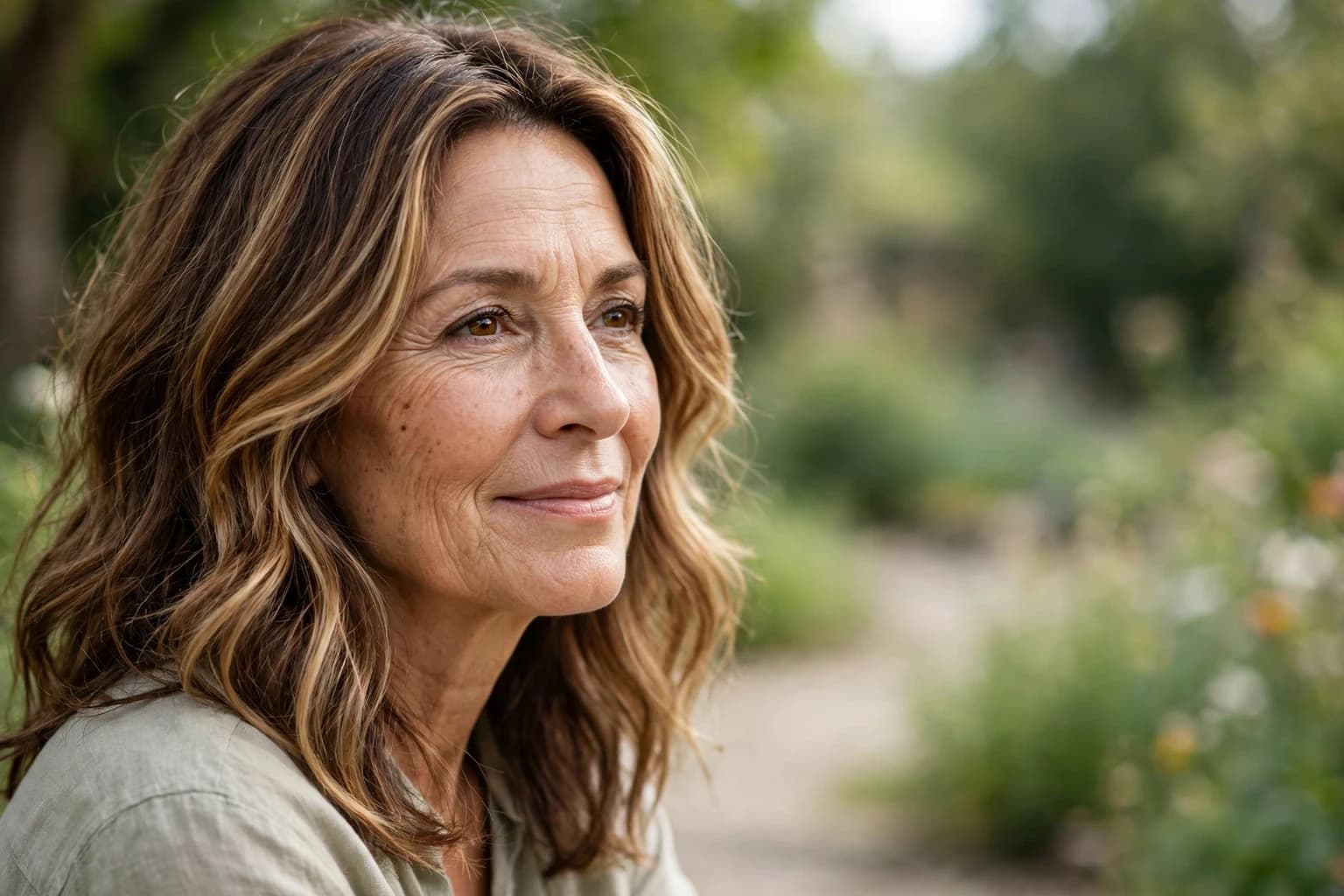 Woman in daylight with warm dimensional brunette hair, lighter pieces framing her face and soft blended roots
