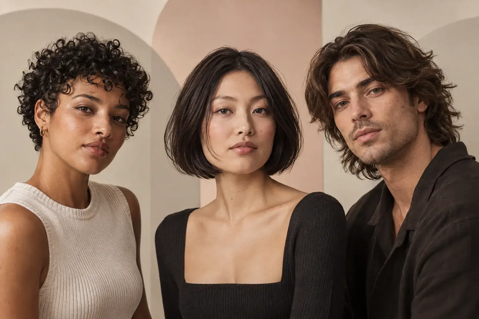 Three people show a curly crop, structured bob and layered haircut