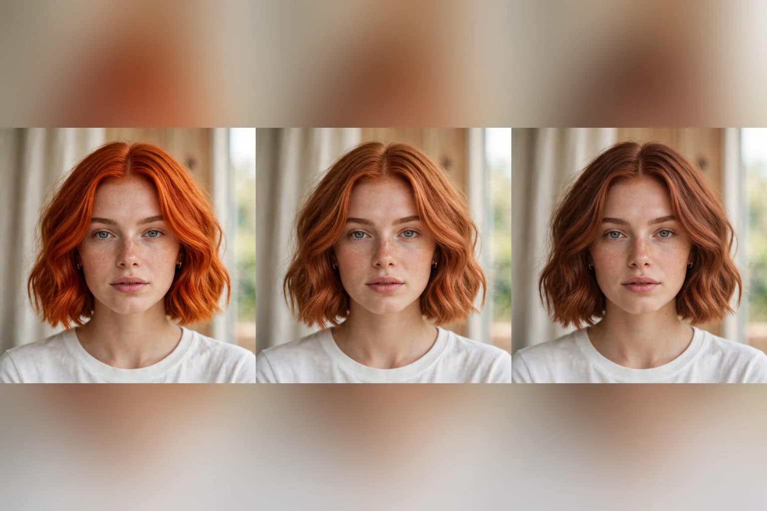 The same woman's copper hair shown fresh from the salon, then at three weeks and at six weeks, the tone softening from bright copper to a muted auburn