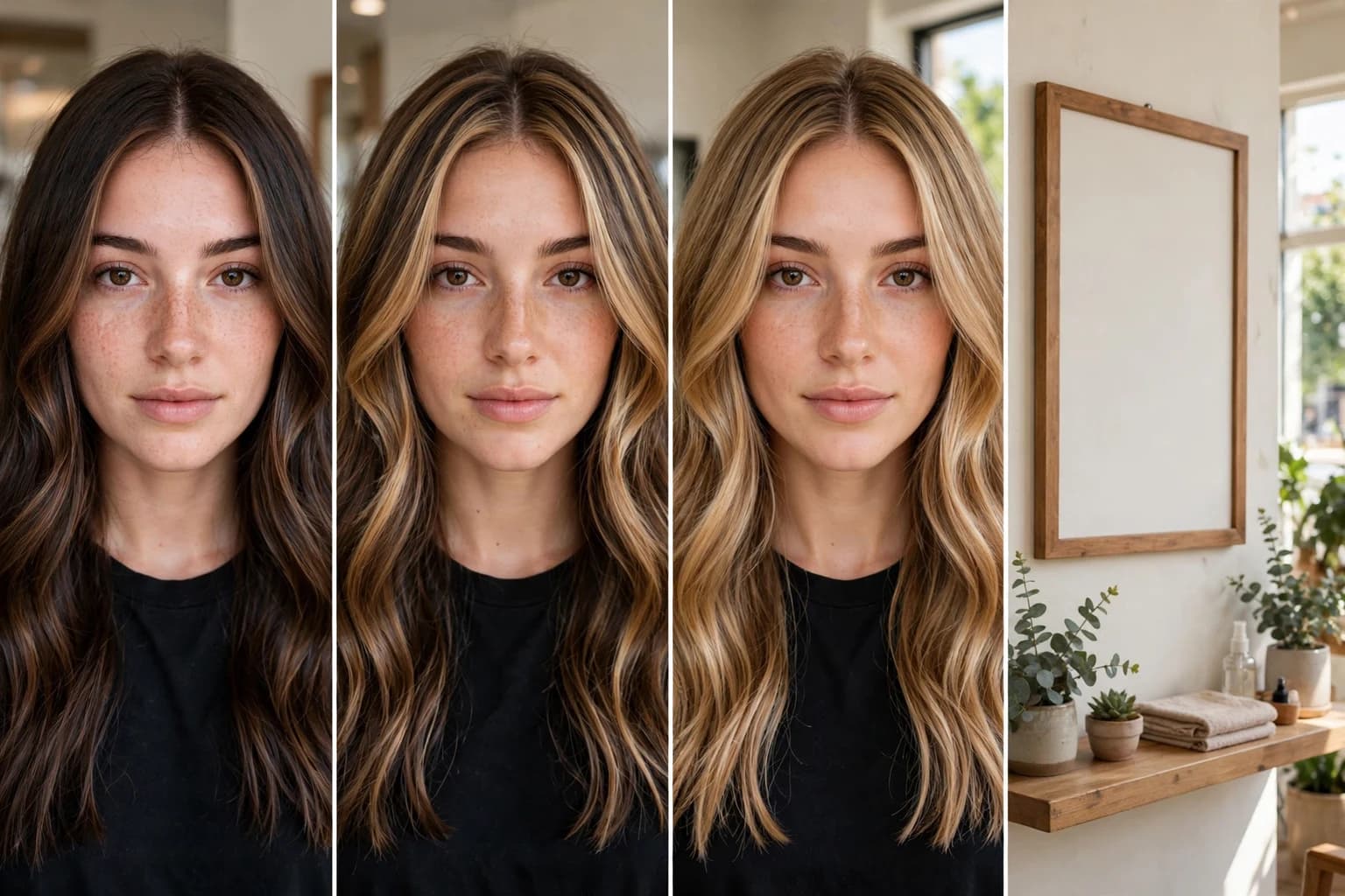 A salon price menu and a woman with fresh balayage, showing a mini face frame, a partial and a full head result side by side