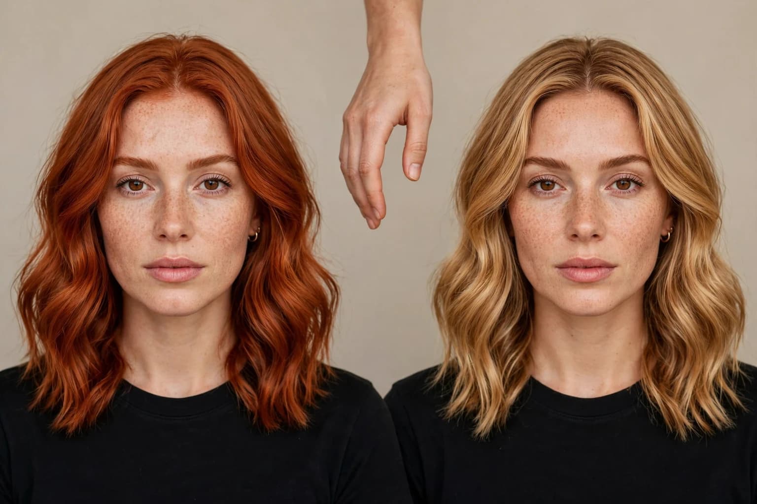 The same woman's photo shown in two hair colors side by side, copper and honey blonde, with a hand hovering between the two versions