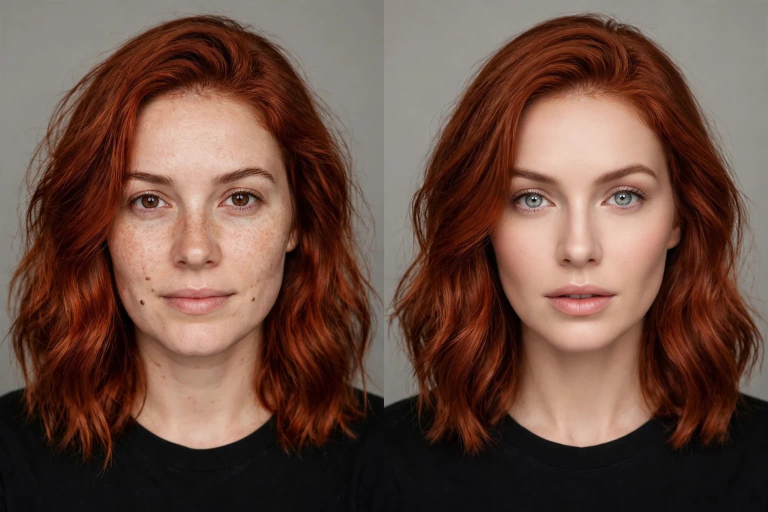 Two versions of one woman's portrait side by side: in the first only her hair color has changed to copper, in the second her eyes, jaw and skin have visibly shifted along with the hair
