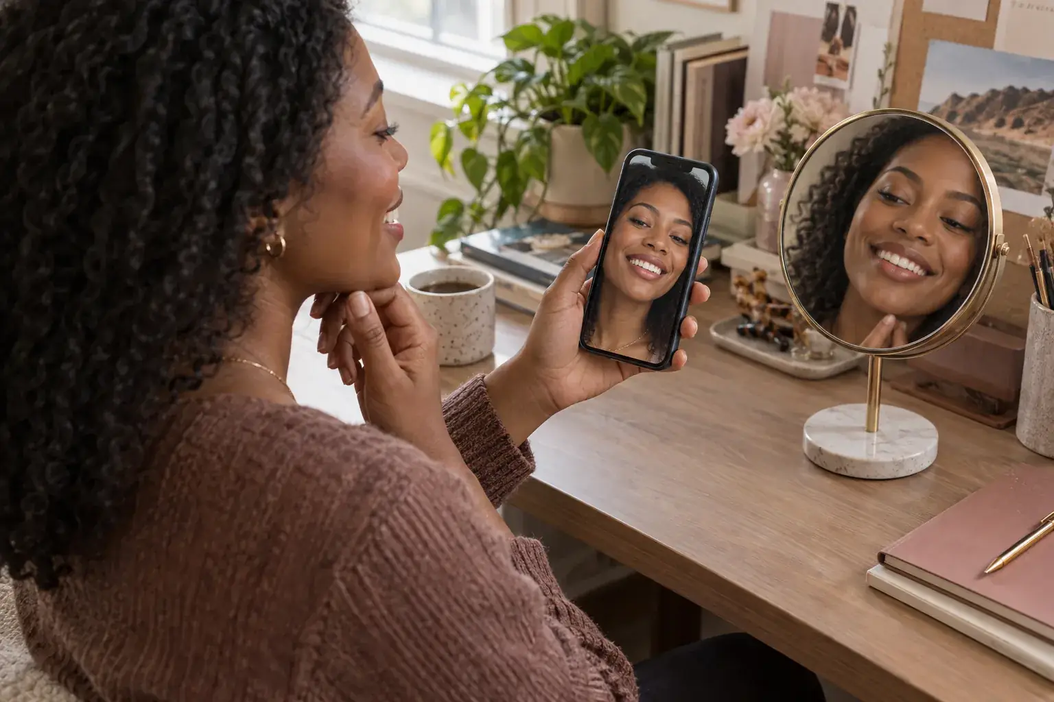 A woman compares her natural smile in a mirror and on her phone