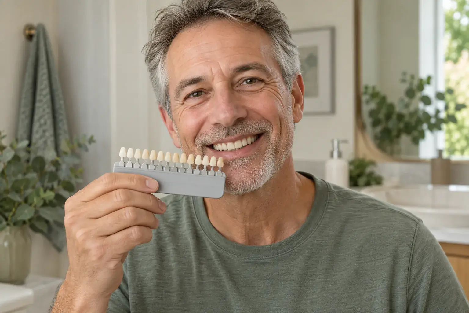 A man compares his natural smile with a dental shade guide