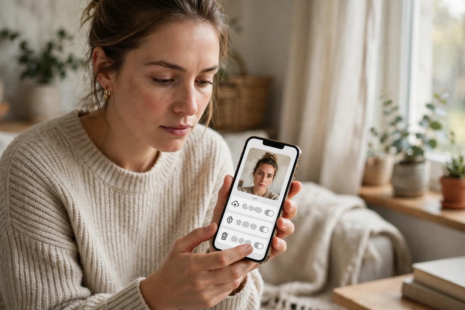 A woman pausing with her phone before uploading a selfie, the upload screen showing a photo privacy panel with a delete option