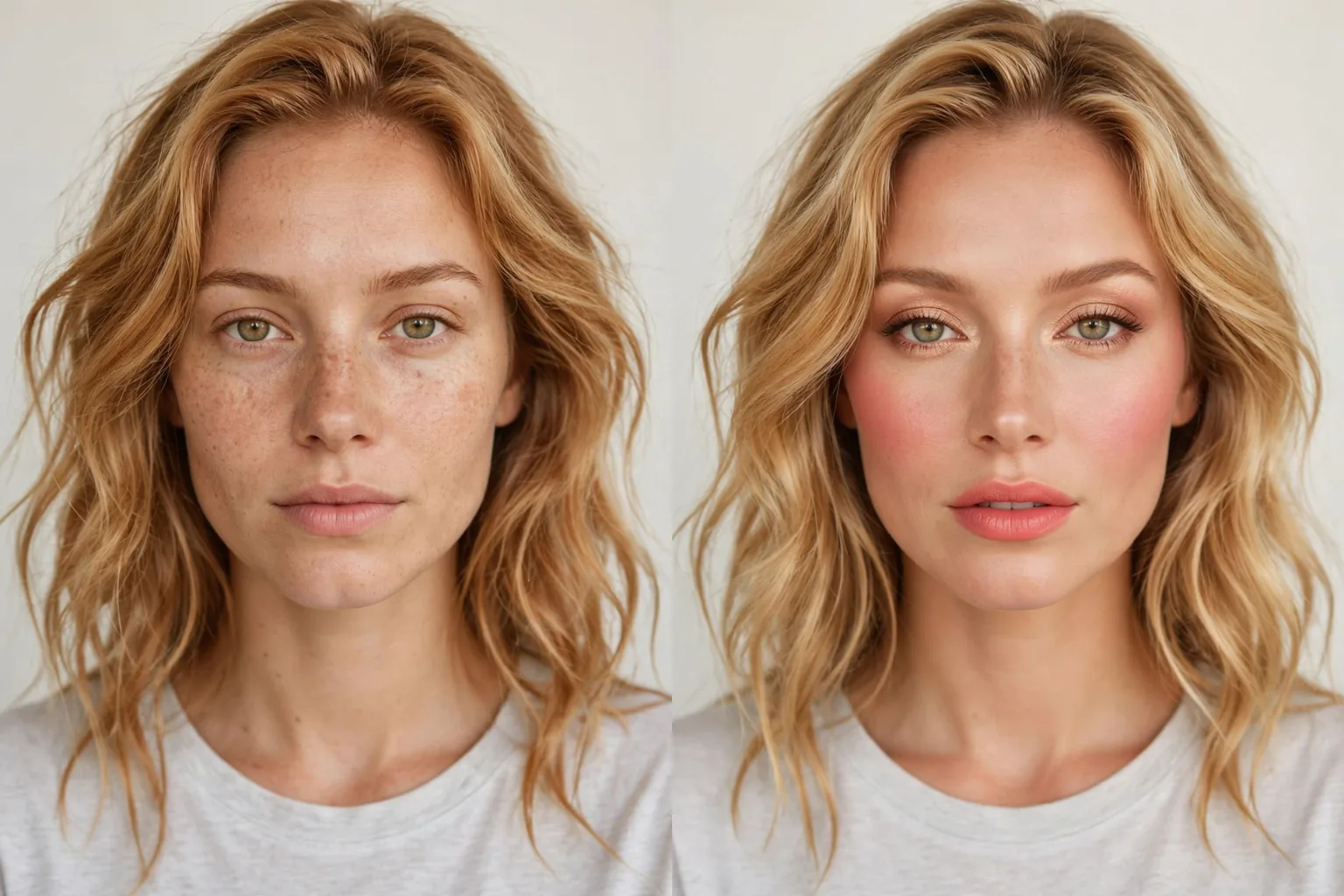 Before and after of the same woman: bare-faced, then wearing a coral pink lip, warm pink blush and golden blonde hair