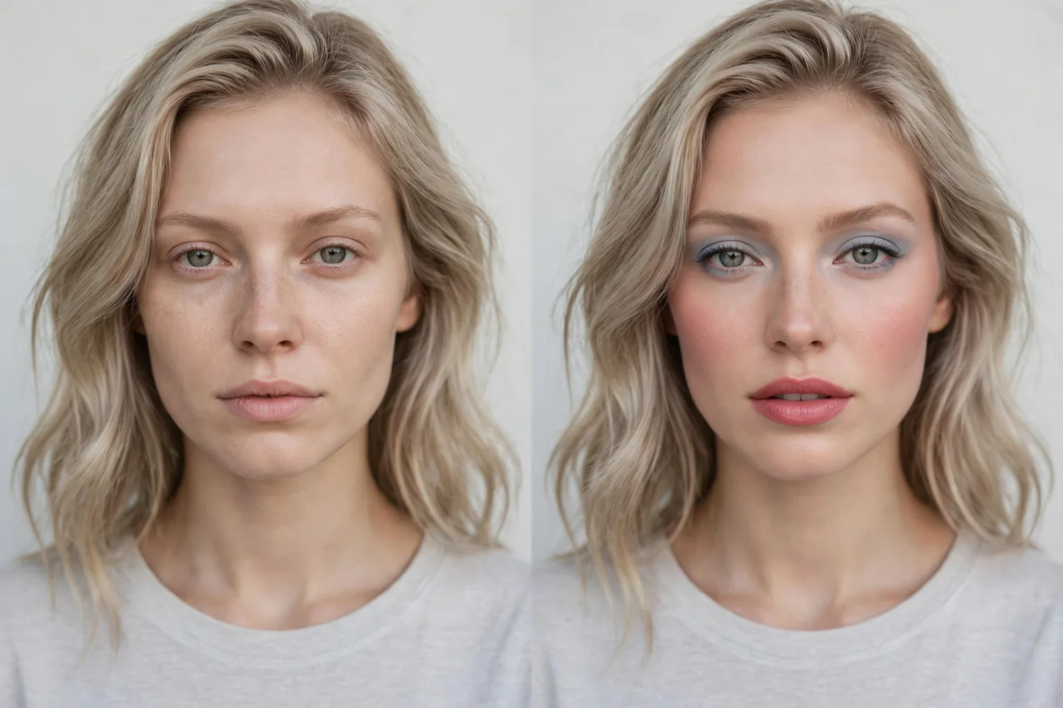 Before and after of the same woman: bare-faced, then wearing rose pink lips, cool pink blush and light ash blonde hair