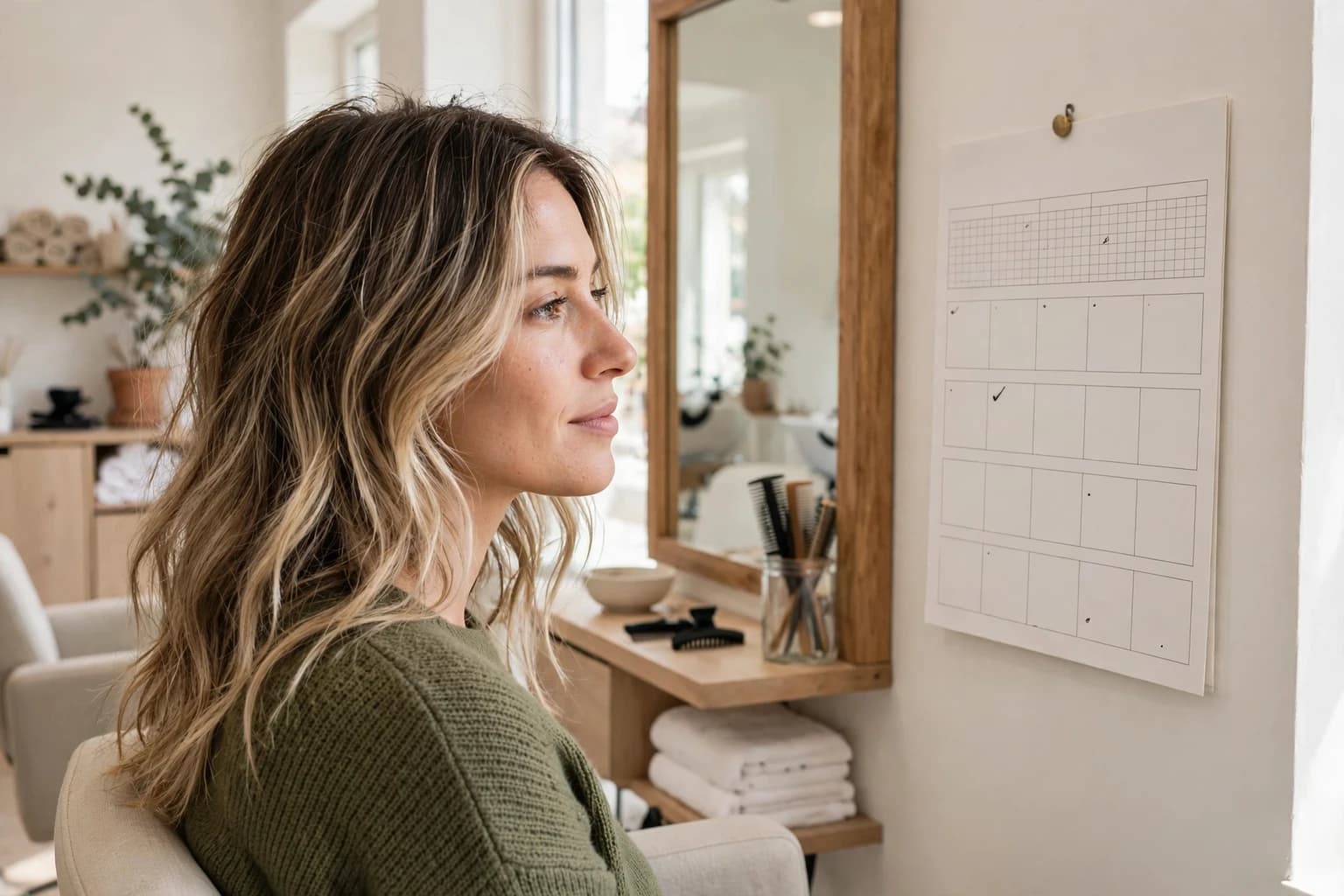 Calendar beside a salon mirror with soft grown out balayage, showing months between appointments