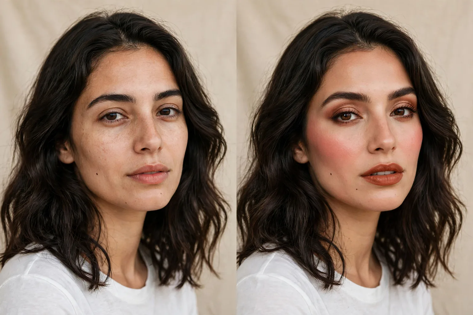 Before and after of the same woman with olive skin: bare faced, then wearing warm rosewood blush, bronze eye makeup and a muted terracotta lip