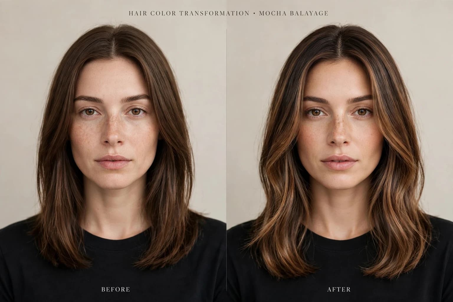 Before and after of the same woman: flat medium brown hair, then the same length with warm mocha balayage through the mid-lengths and ends
